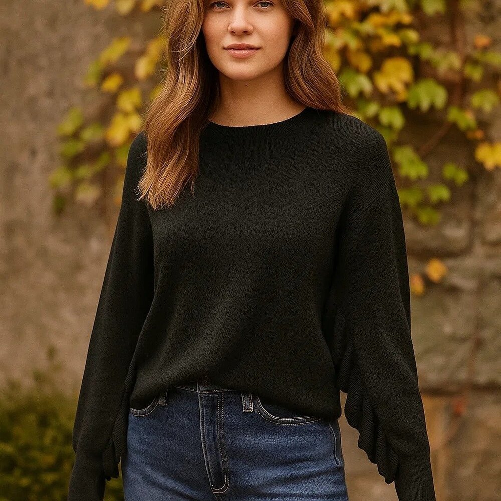 John + Jenn Anthropologie Black Ruffle Sleeve Sweater XS Dressy Capsule Oversize